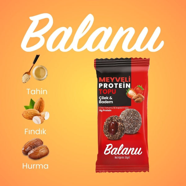 Meyveli Çilekli & Bademli Protein Topları 55gr x 6 Adet - Balanu