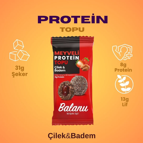 Meyveli Çilekli & Bademli Protein Topları 55gr x 6 Adet - Balanu
