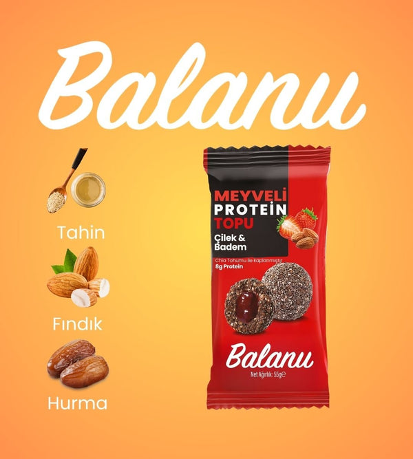 Meyveli Çilekli & Bademli Protein Topları 55gr x 6 Adet - Balanu
