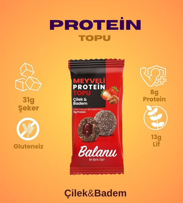 Meyveli Çilekli & Bademli Protein Topları 55gr x 6 Adet - Balanu