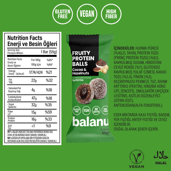Meyveli Protein Topları Kakao Dolgulu ve Fındıklı 55 g x 6 - Balanu